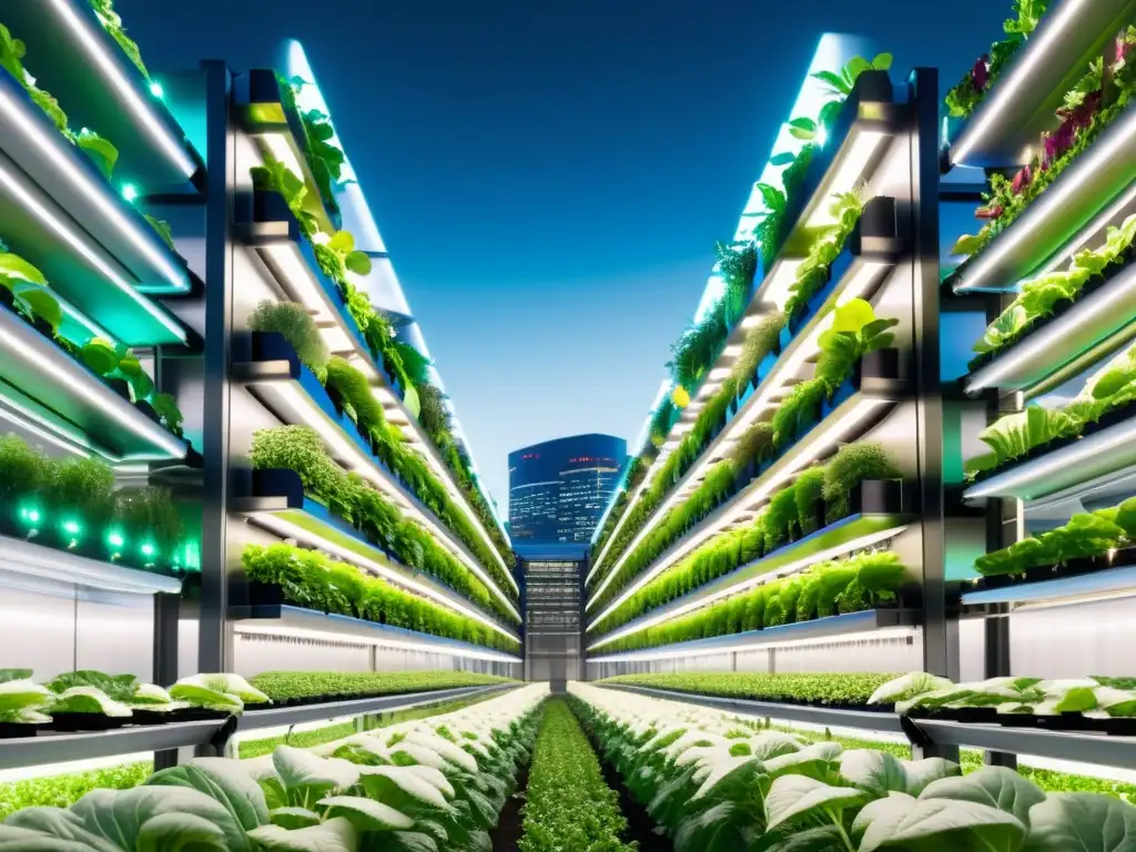 Un huerto vertical futurista iluminado por luces LED en una ciudad, simbolizando la integración de tecnología y agricultura urbana