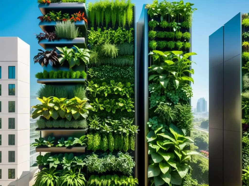 Un huerto vertical futurista con tecnologías emergentes, torres metálicas llenas de exuberante vegetación en 8k