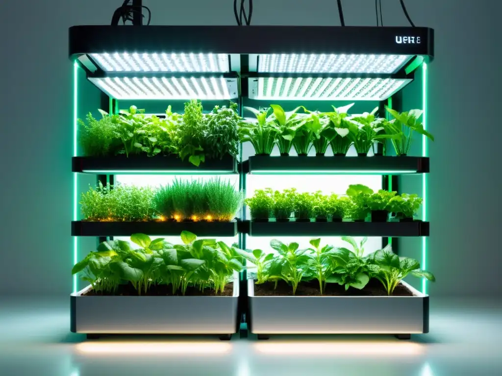 Un huerto vertical futurista con vegetales vibrantes y luces LED, en un ambiente tecnológico y sostenible