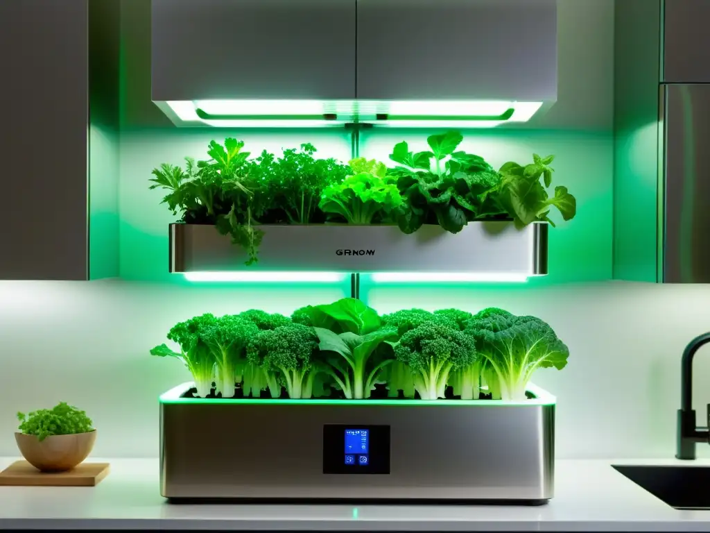 Huerto vertical de hidroponía en casa: lechuga, kale y hierbas creciendo en tubos transparentes con luces LED, integrado en una cocina contemporánea