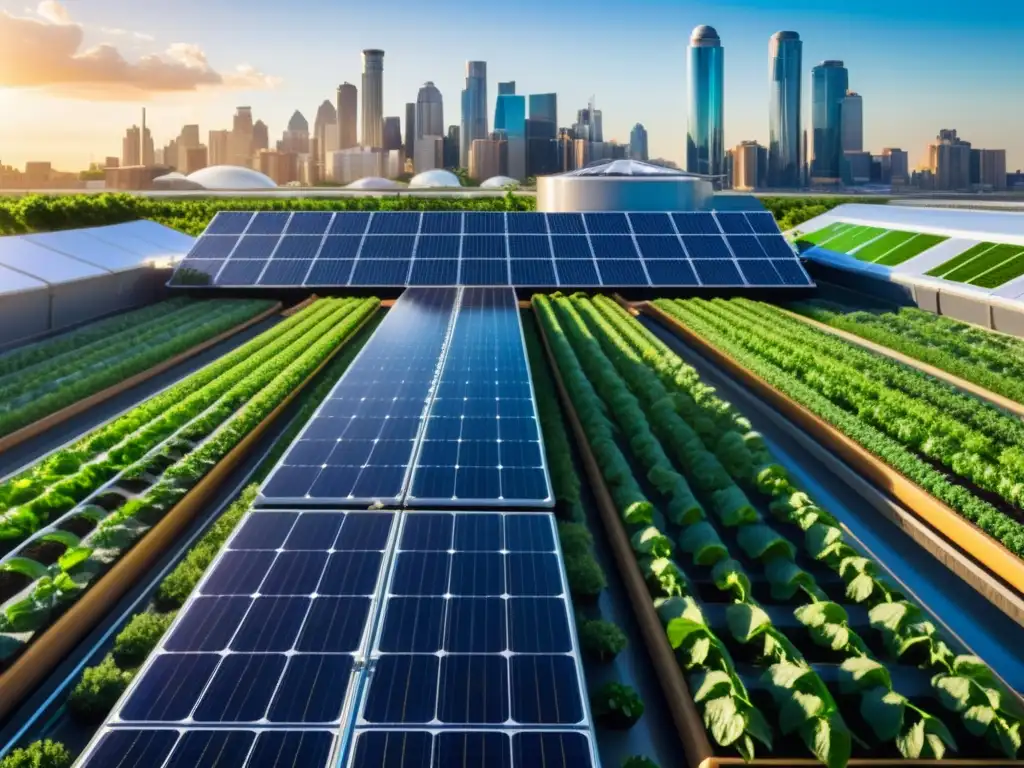 Granja vertical urbana: innovación sostenible Un huerto vertical moderno con bombeo solar, red de irrigación y vegetación exuberante, contrastando con el horizonte urbano