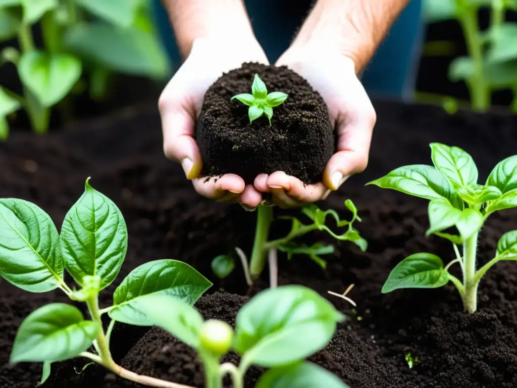 Un huerto vertical moderno con compost oscuro enriqueciendo la tierra alrededor de una planta de tomate frondosa