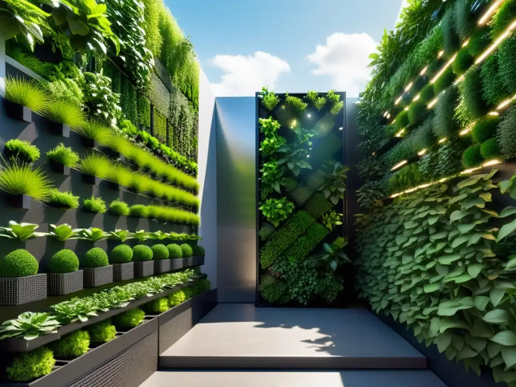 Un huerto vertical moderno con plantas verdes vibrantes, integrando energía solar y sensores