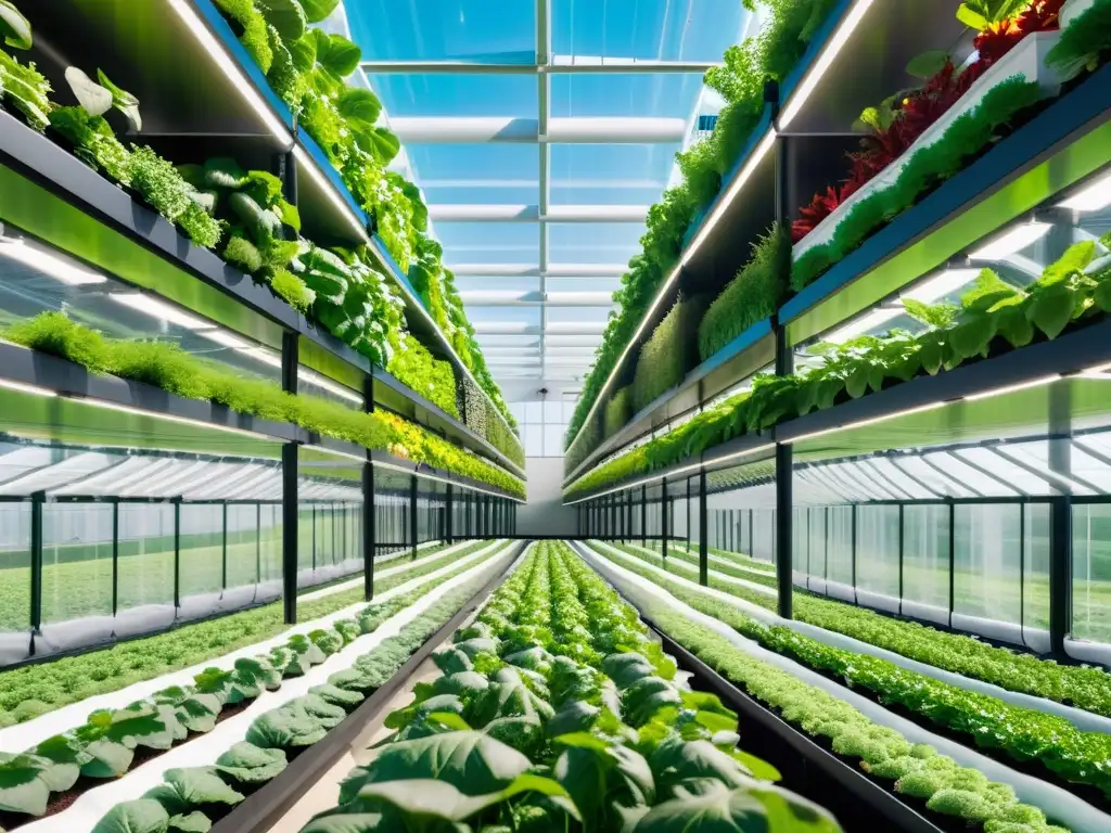 Granja vertical futurista: innovación agrícola urbana Un huerto vertical moderno con rascacielos de cristal de fondo, resaltando plantas verdes en un entorno controlado