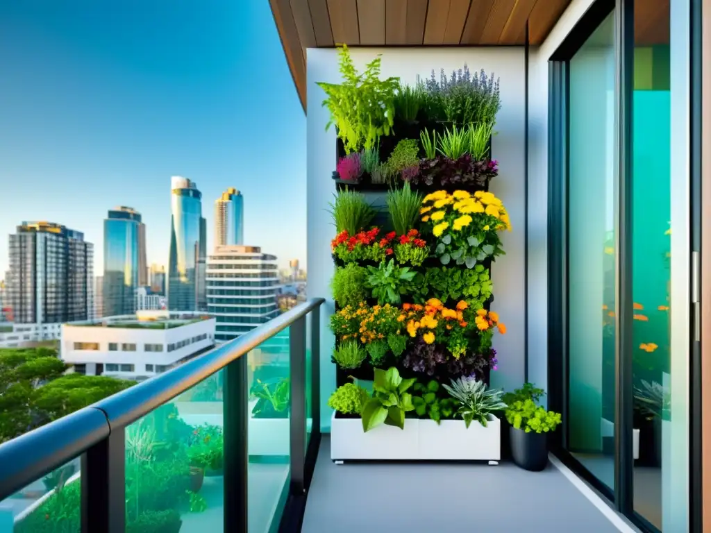 Un huerto vertical modular para balcones, rebosante de plantas vibrantes, en medio de la vida urbana