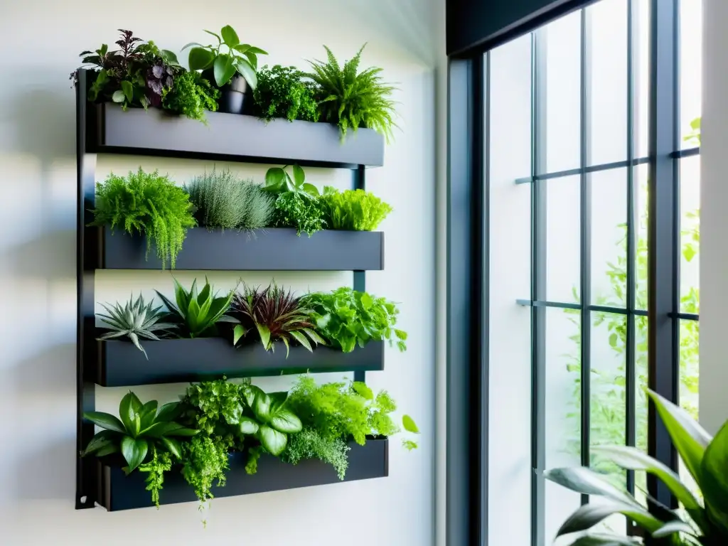 Un huerto vertical modular de montaje fácil con plantas vibrantes, elegante y funcional en un entorno moderno