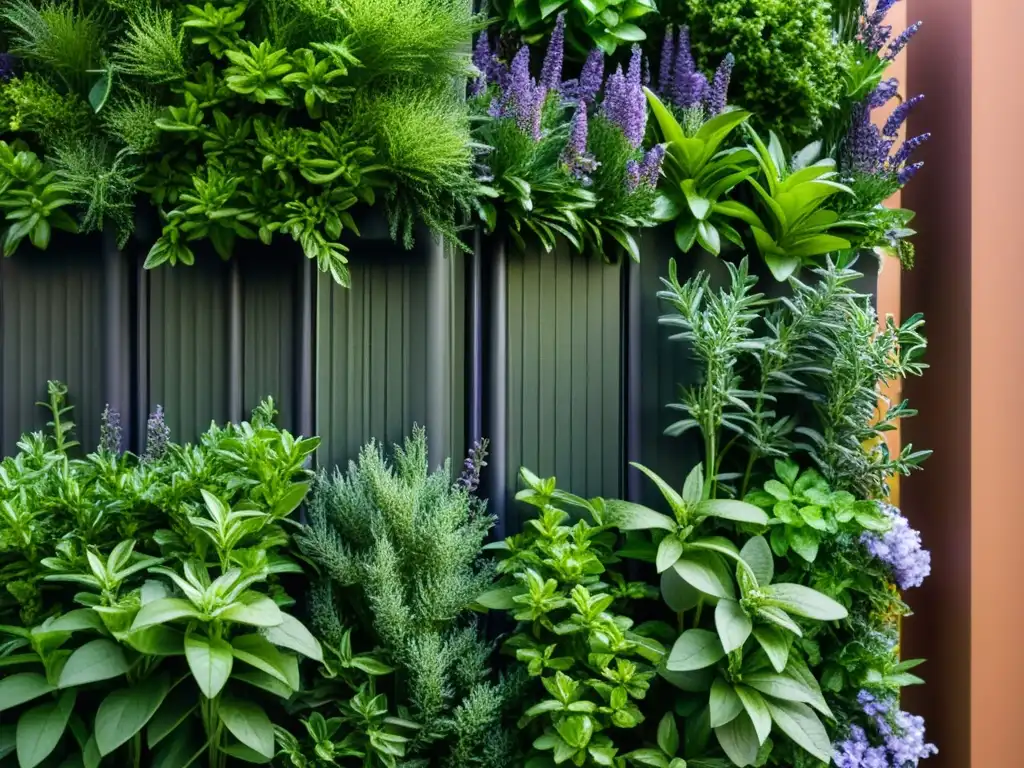 Un huerto vertical con plantas aromáticas como lavanda, romero y menta