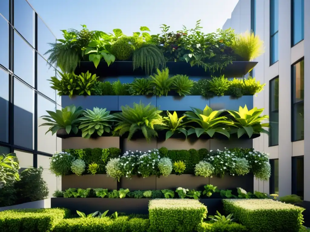 Un huerto vertical con plantas vibrantes en elegantes maceteros metálicos, integrando energía solar y sensores en un diseño urbano innovador