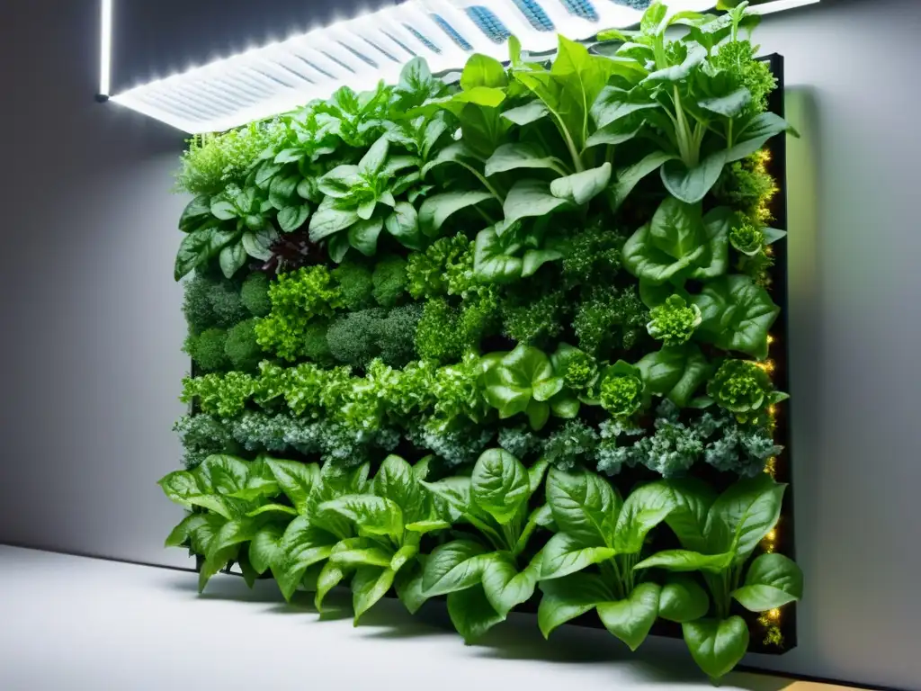 Huerto vertical con plantas vibrantes iluminadas por eficiente iluminación LED, fusionando naturaleza y tecnología