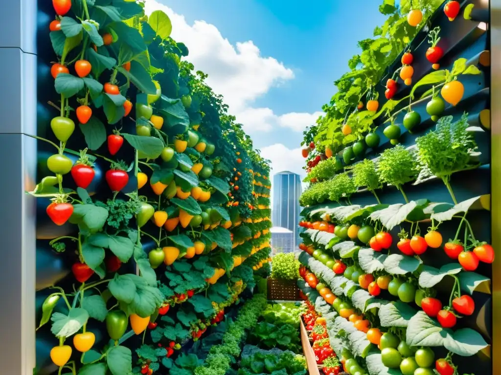 Un huerto vertical rebosante de frutas y vegetales en la ciudad