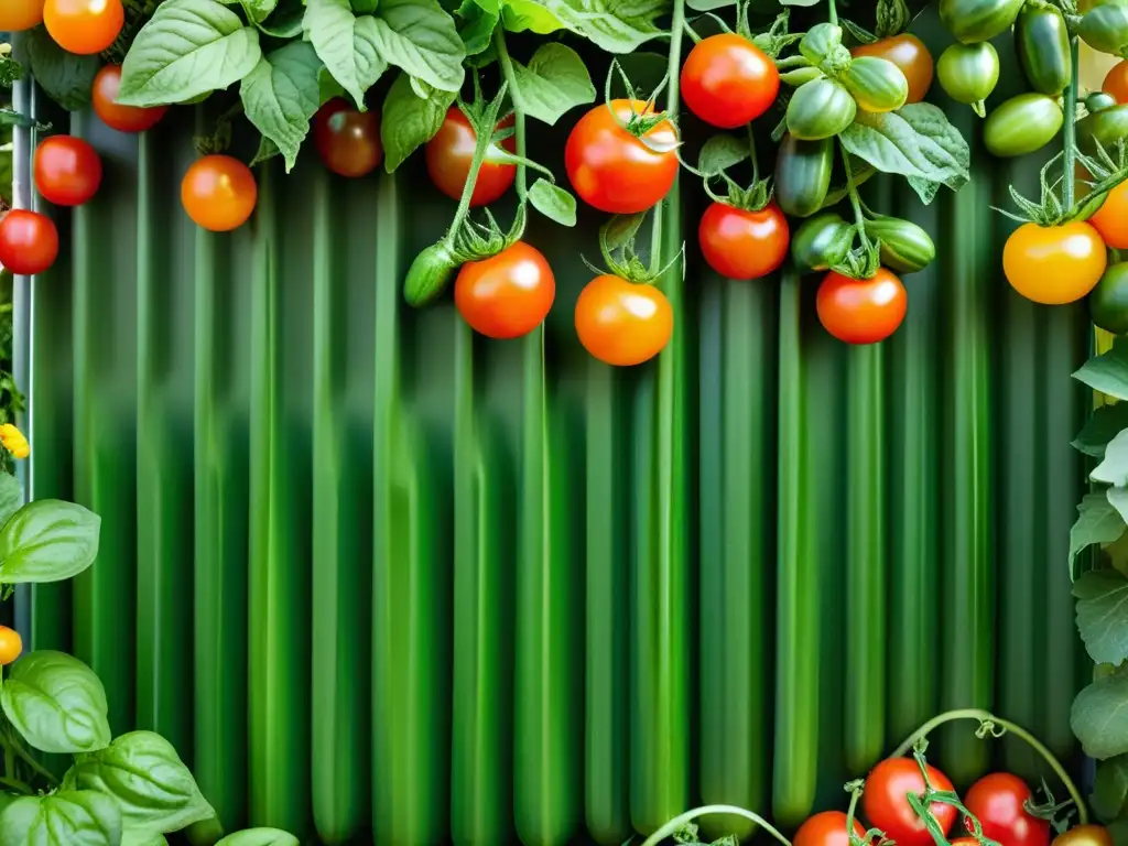 Un huerto vertical rebosante de tomates maduros y pepinos frescos, bañados por la cálida luz del sol