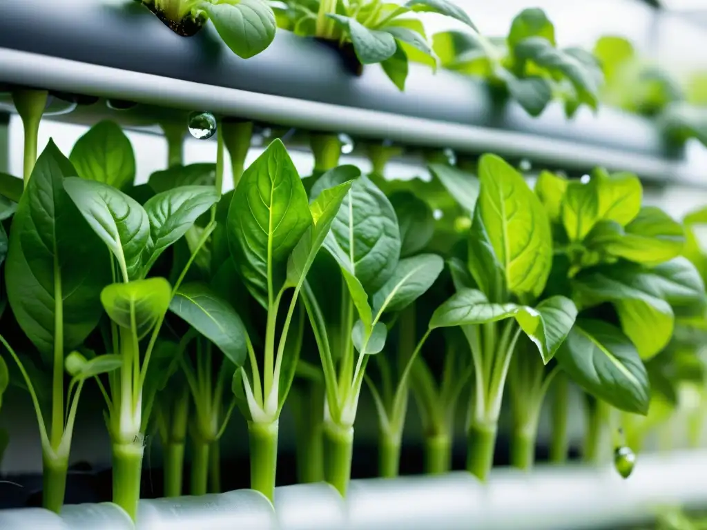 Un huerto vertical rebosante de vida, con hierbas y vegetales vibrantes, raíces visibles en tubos transparentes, goteando agua al sol