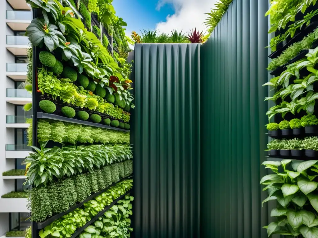 Un huerto vertical de rentabilidad en agricultura urbana con plantas exuberantes y diseño moderno, integrado en el entorno urbano
