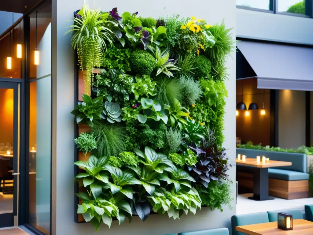 Un huerto vertical en un restaurante urbano, con variedad de plantas verdes, hierbas y flores comestibles, iluminado por la suave luz de la tarde