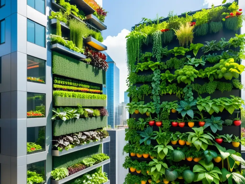 Un huerto vertical con sistemas de acuaponía, integrando frutas, verduras y actividad comunitaria en un paisaje urbano vibrante y moderno