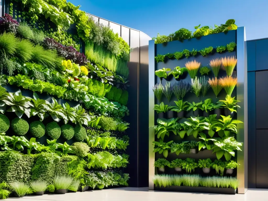 Un huerto vertical sostenible en una escuela, fusionando naturaleza y diseño moderno, con vegetales, hierbas y flores