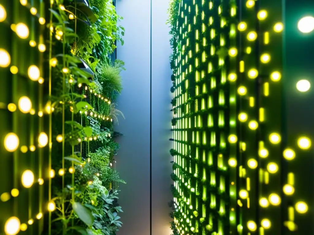 Un huerto vertical tecnológico con exuberantes plantas verdes, sensores y luces LED, fusionando innovación y naturaleza