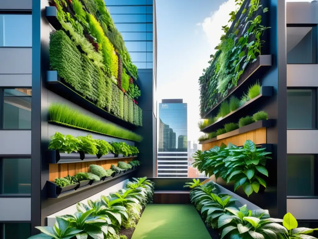 Un huerto vertical urbano con compostaje integrado, donde las plantas verdes florecen en un entorno sostenible