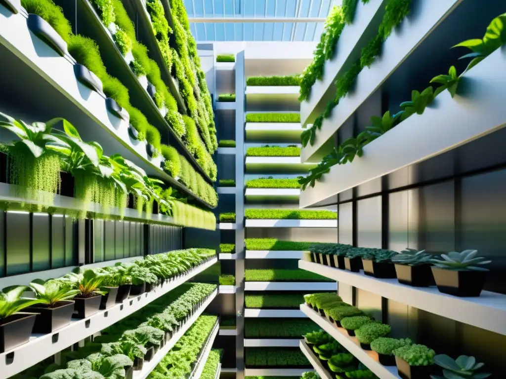 Un huerto vertical urbano de diseño moderno bañado por la luz natural, mostrando plantas verdes creciendo en apilados maceteros