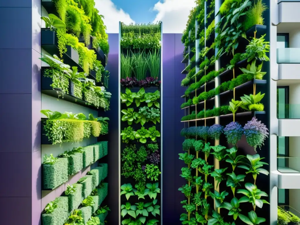 Un huerto vertical urbano de diseño moderno en un rascacielos, con exuberante vegetación en cascada