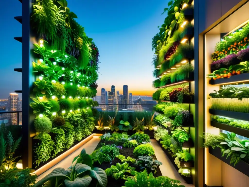 Un huerto vertical urbano con vegetación exuberante, luces LED inteligentes y tecnología IoT