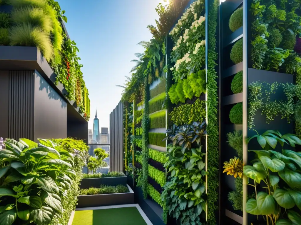 Huerto vertical urbano con exuberante vegetación bañada por cálida luz solar en la ciudad