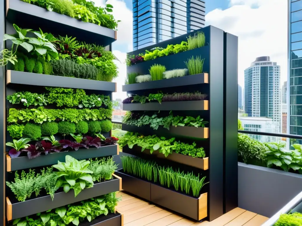 Un huerto vertical urbano innovador con compostaje integrado, resaltando la armonía entre naturaleza y vida urbana