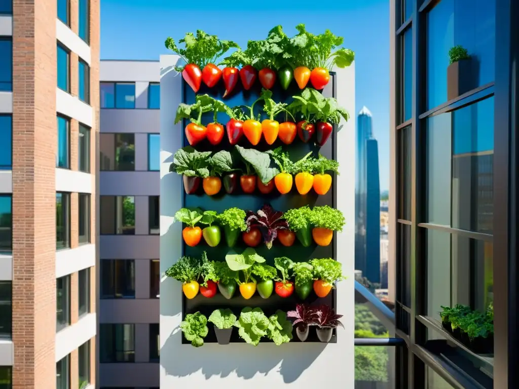 Un huerto vertical urbano lleno de lechugas verdes, tomates rojos y pimientos coloridos, bañados por la luz del sol