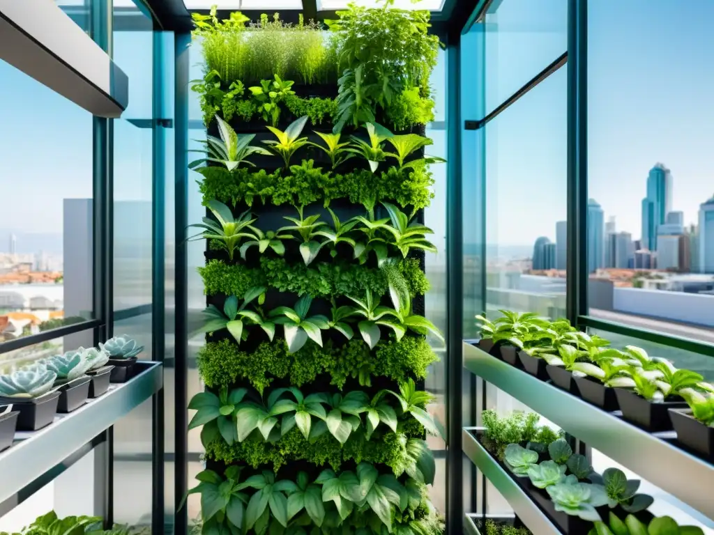 Un huerto vertical urbano moderno y automatizado, integrando tecnología en la agricultura urbana