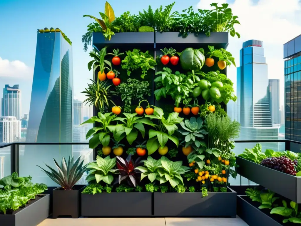 Un huerto vertical urbano moderno y vibrante, con frutas, verduras y hierbas en una ciudad bulliciosa