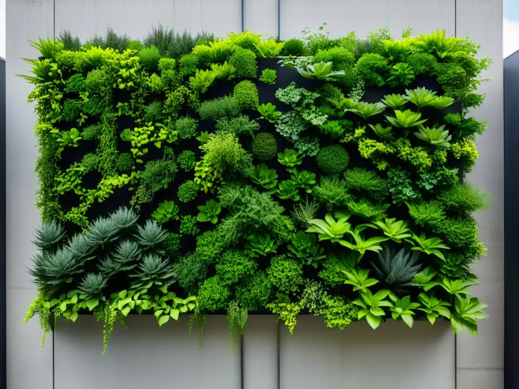 Un huerto vertical urbano con plantas verdes vibrantes en un diseño geométrico, contrastando con el entorno urbano