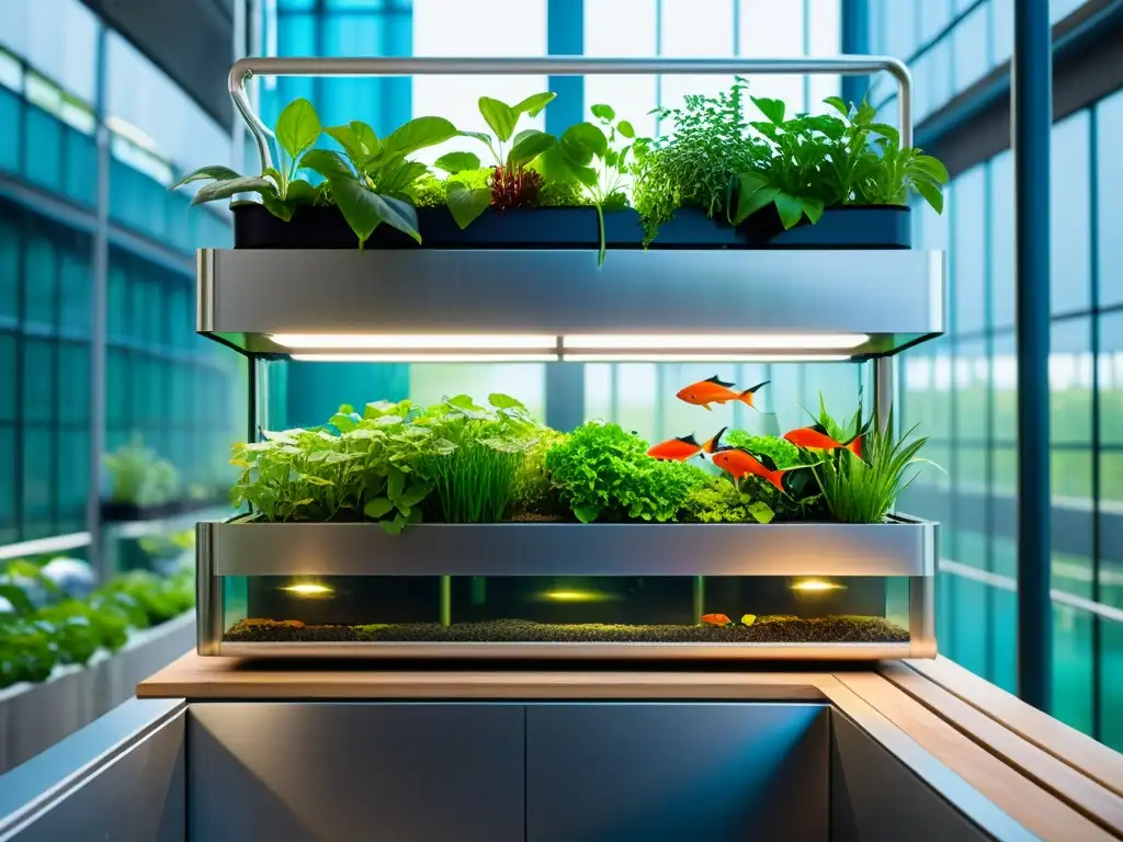 Un huerto vertical acuaponía urbano con plantas y peces vibrantes en un entorno moderno y elegante