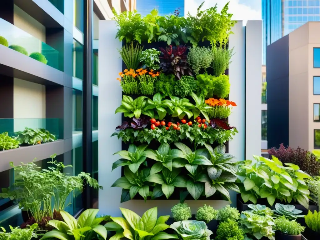 Un huerto vertical urbano rebosante de vegetales y hierbas frescas, resplandeciendo bajo la luz solar