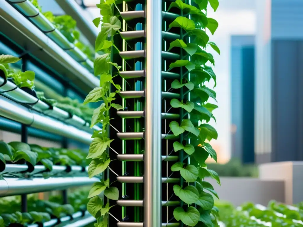 Un huerto vertical urbano con reciclaje de agua, lleno de plantas vibrantes