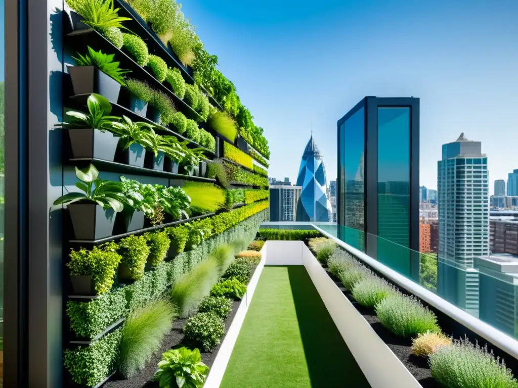 Un huerto vertical urbano sostenible, lleno de plantas verdes en un entorno moderno y urbano