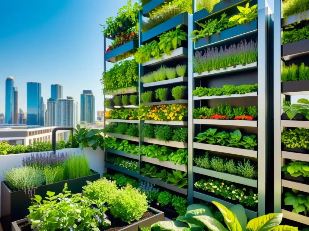 Un huerto vertical urbano sostenible con plantas exuberantes en un entorno moderno y vibrante