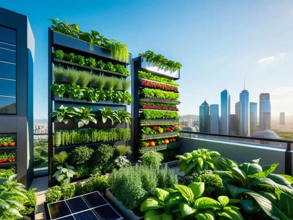 Un huerto vertical urbano con tecnología solar, lleno de verdor, frutas y vegetales, integrando innovación sostenible en la ciudad