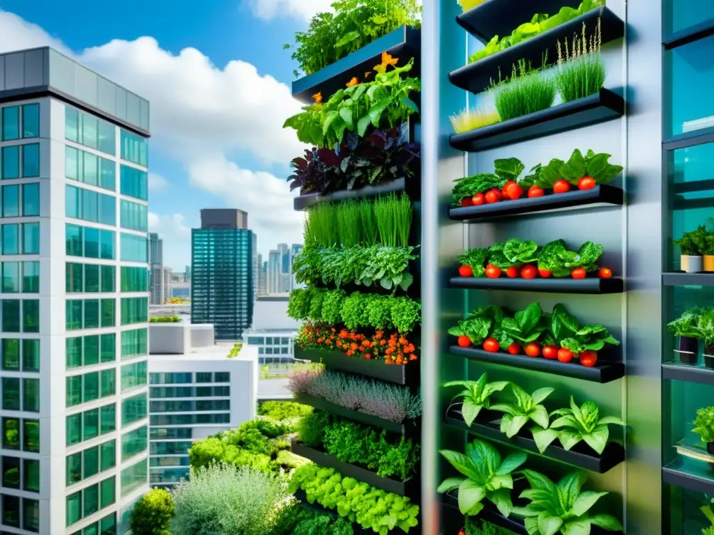 Huerto vertical urbano con verduras y vegetales coloridos, integrado en un edificio moderno