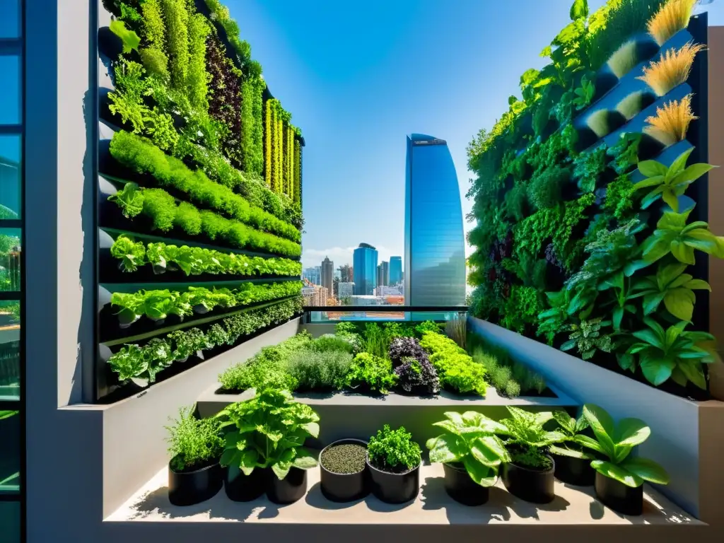 Huerto vertical urbano con acuaponía en armonía, verduras y hierbas vibrantes en la ciudad