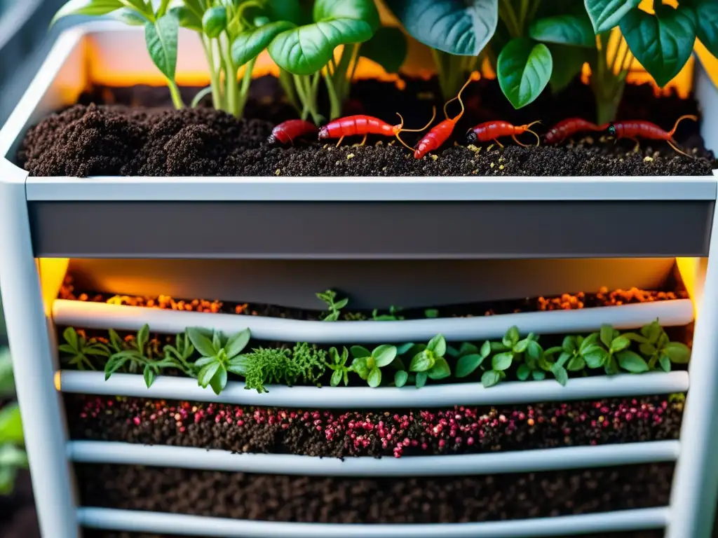 Un huerto vertical urbano con vermicompostaje en detalle, mostrando una escena vibrante y sostenible