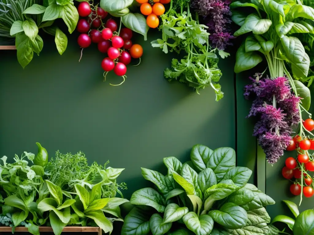 Un huerto vertical vibrante y fresco, con vegetales y hierbas coloridas, iluminados por la luz natural