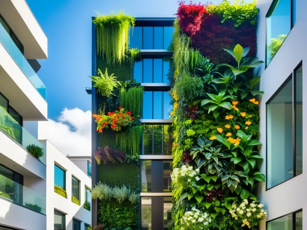 Un huerto vertical vibrante y moderno en una comunidad urbana, con vegetación exuberante y un ambiente de colaboración