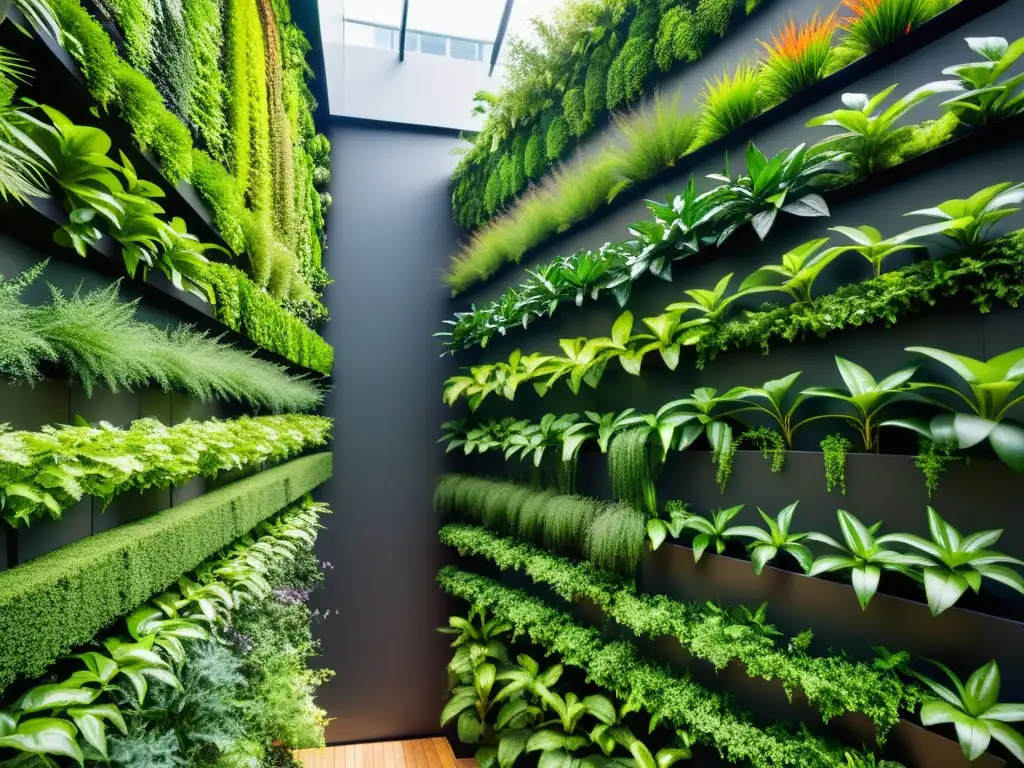 Un huerto vertical vibrante y moderno que muestra técnicas para optimizar huerto vertical, con plantas exuberantes en un entorno urbano contemporáneo