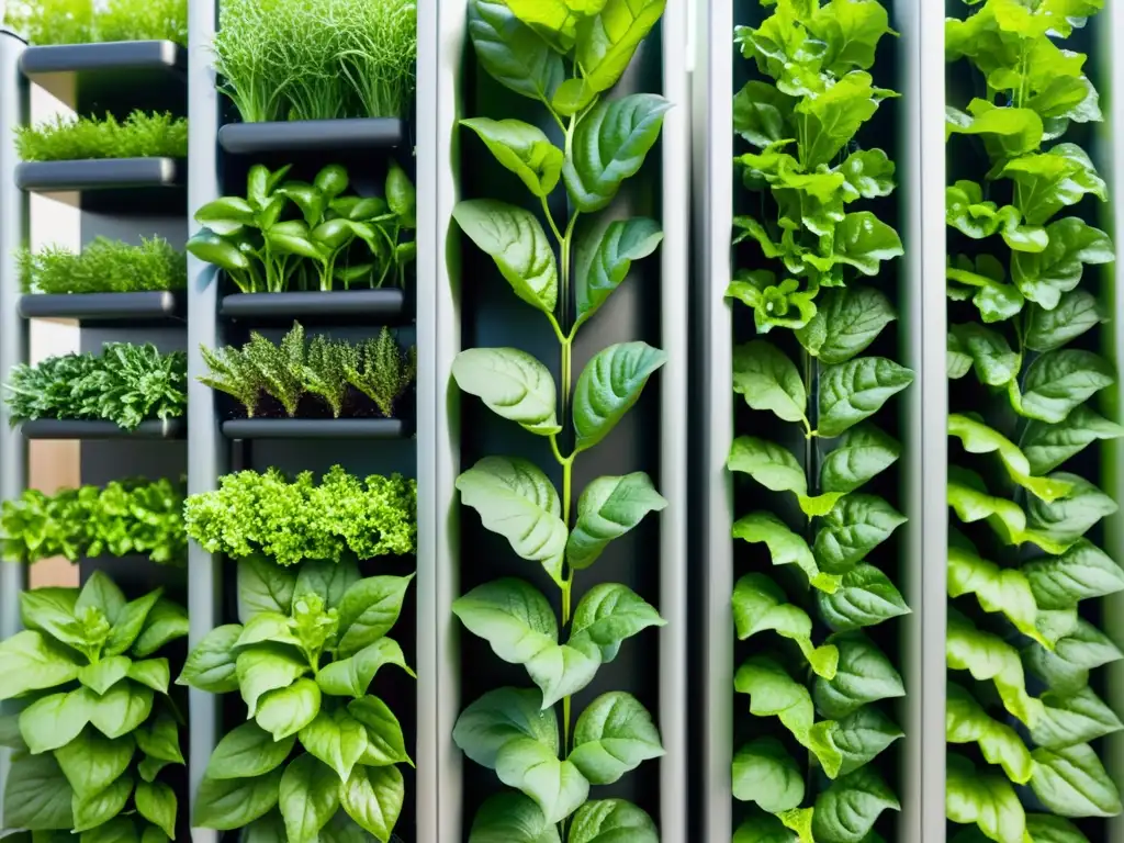 Un huerto vertical vibrante con vegetales saludables y gotas de agua, evocando innovación y cuidado en el monitoreo de la salud vegetal