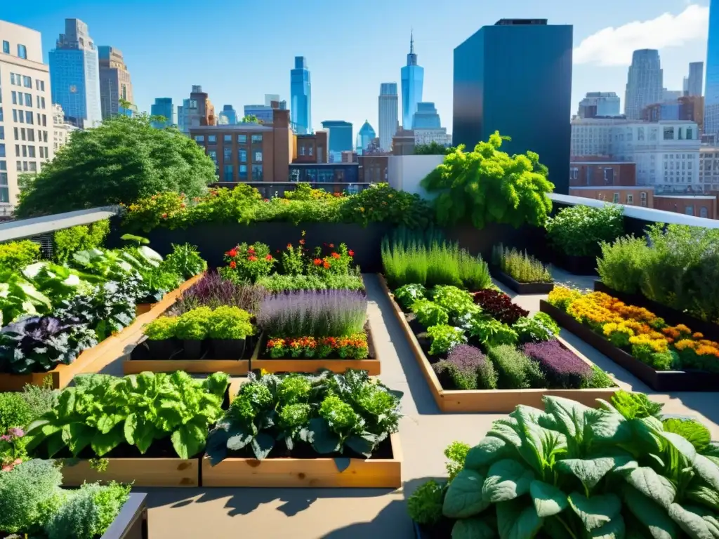 Huertos urbanos en la azotea: Jardín vibrante y bullicioso en el corazón de la ciudad, con verdor exuberante y diversidad de plantas, frutas y flores