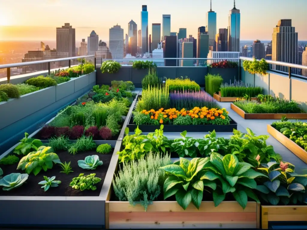 Huertos urbanos en la azotea: vibrante jardín urbano en el atardecer, rodeado de rascacielos