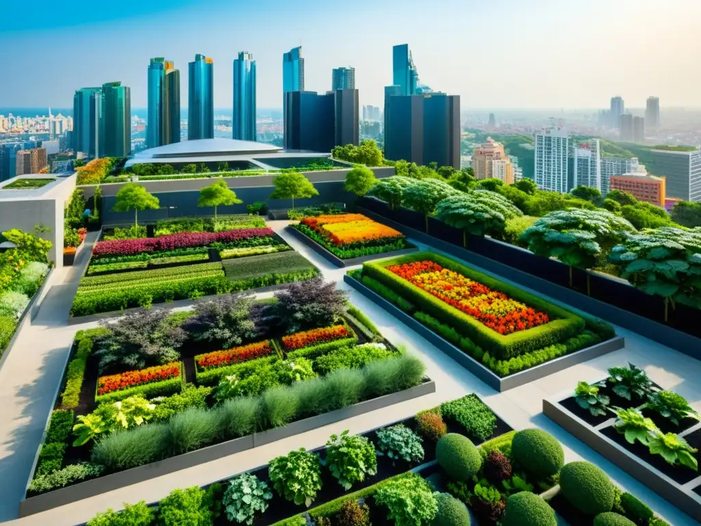 Huertos urbanos manejo aguas pluviales: Ciudad moderna con jardines en azoteas, gestionando agua y contrastando con el concreto