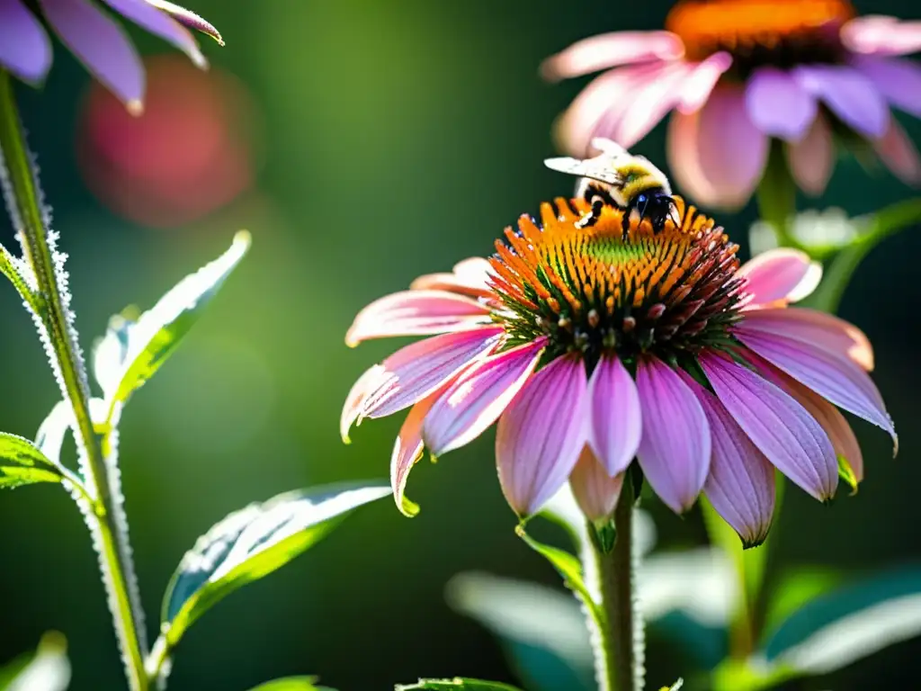 Polinización en huertos urbanos: Echinacea purpurea púrpura con rocío matutino, abeja y mariposa monarca en jardín urbano