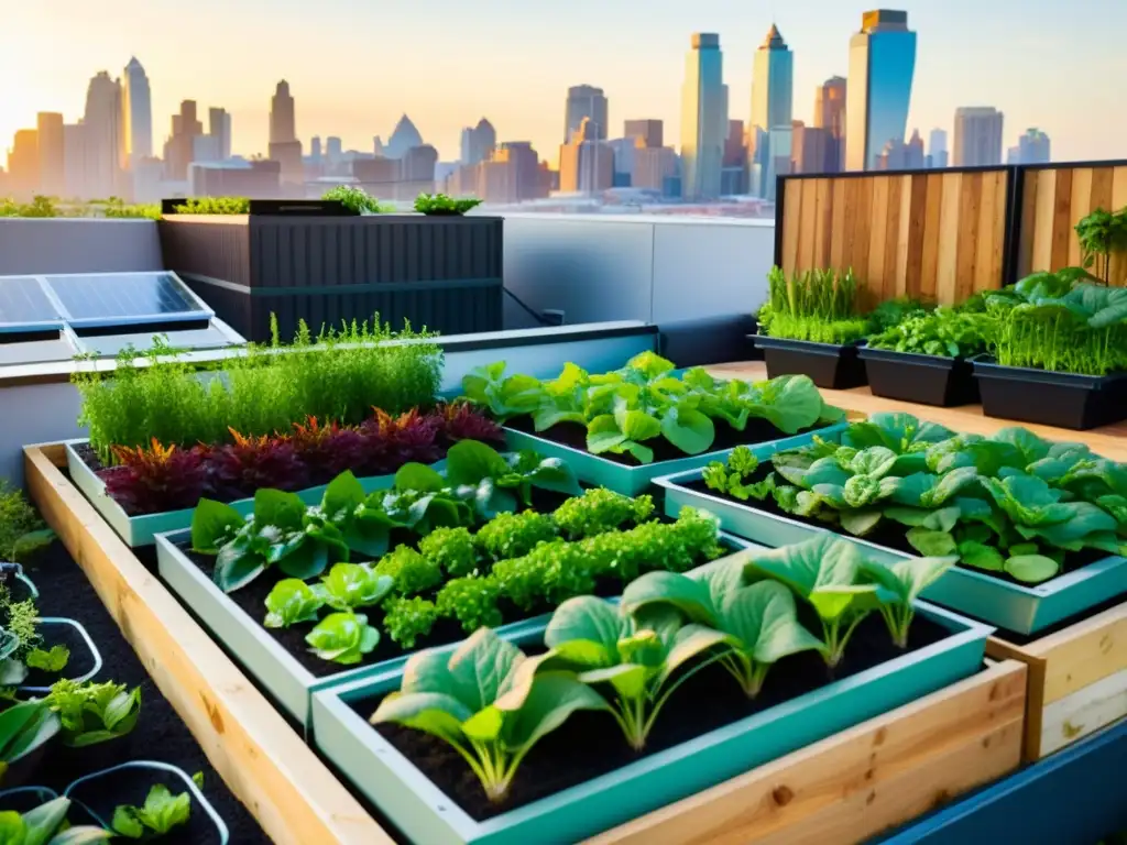 MicroNegocio huertos urbanos mesa en jardín urbano con acuaponía, vegetales verdes y peces coloridos en armonía sostenible bajo el sol de la ciudad