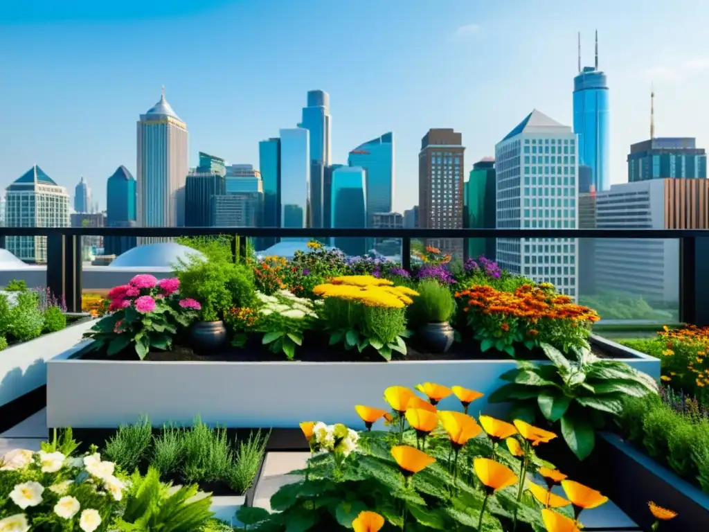 Polinización en huertos urbanos sostenibles: Jardín en la azotea con flores coloridas y abejas revoloteando, integrando la naturaleza en la arquitectura urbana moderna